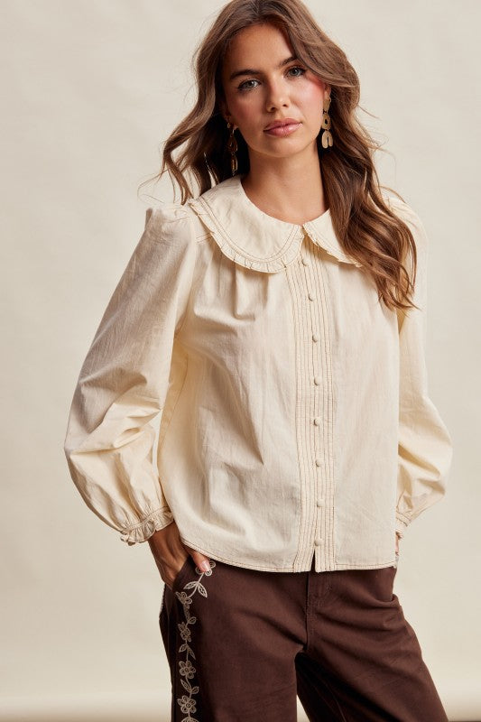 Contrast Stitch Peter Pan Collar Top in Cream