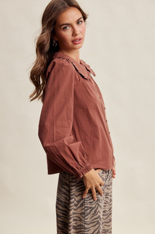 Contrast Stitch Peter Pan Collar Top in Terracotta