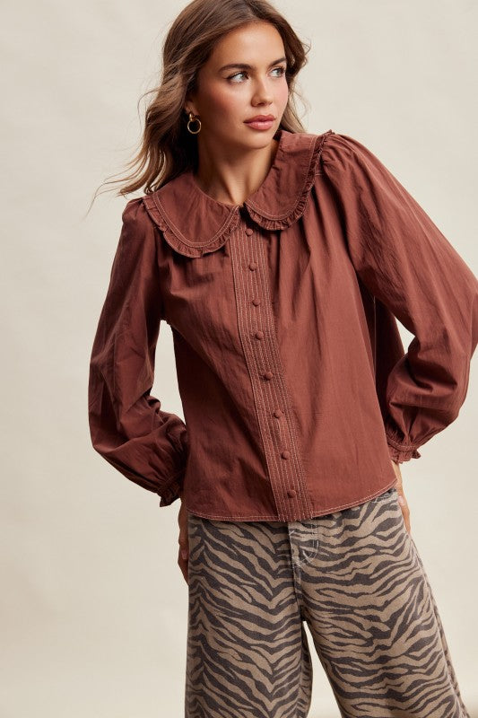 Contrast Stitch Peter Pan Collar Top in Terracotta