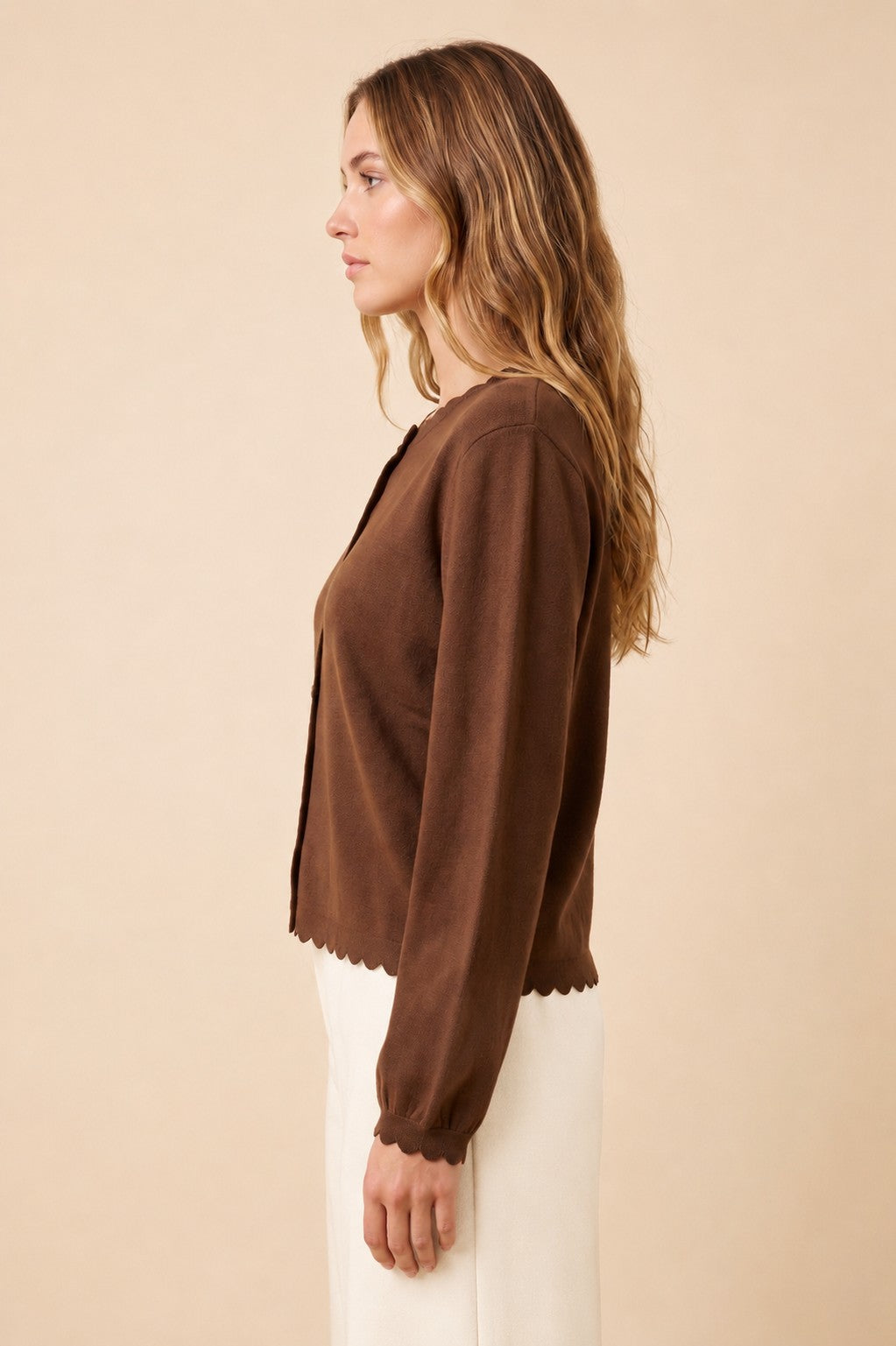 Ballon Sleeve Scallop Edge Cardigan Sweater