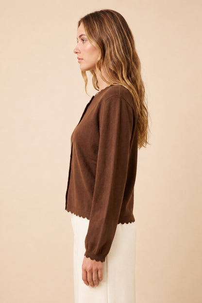ModestAndDevoted balloon sleeve scallop edge cardigan sweater with ribbed cuffs and a relaxed fit, displayed on a neutral background.
