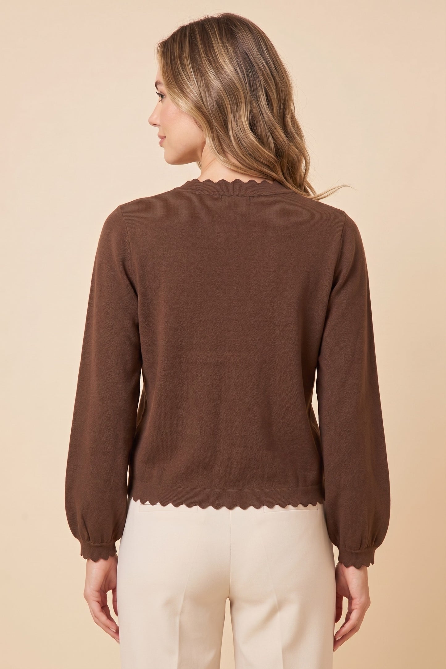 Ballon Sleeve Scallop Edge Cardigan Sweater