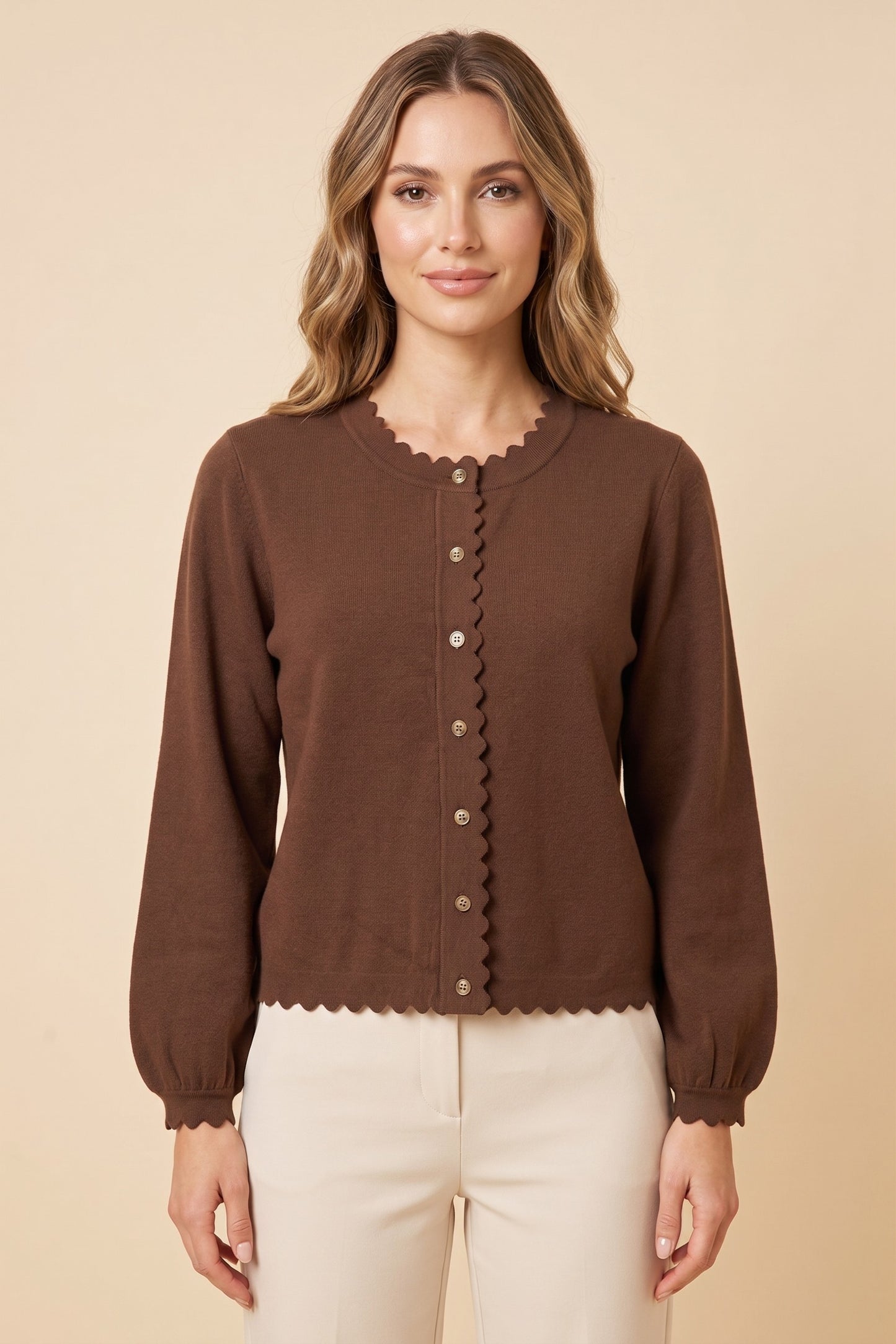 Ballon Sleeve Scallop Edge Cardigan Sweater