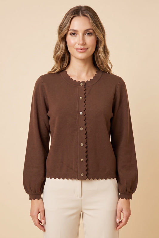 Ballon Sleeve Scallop Edge Cardigan Sweater