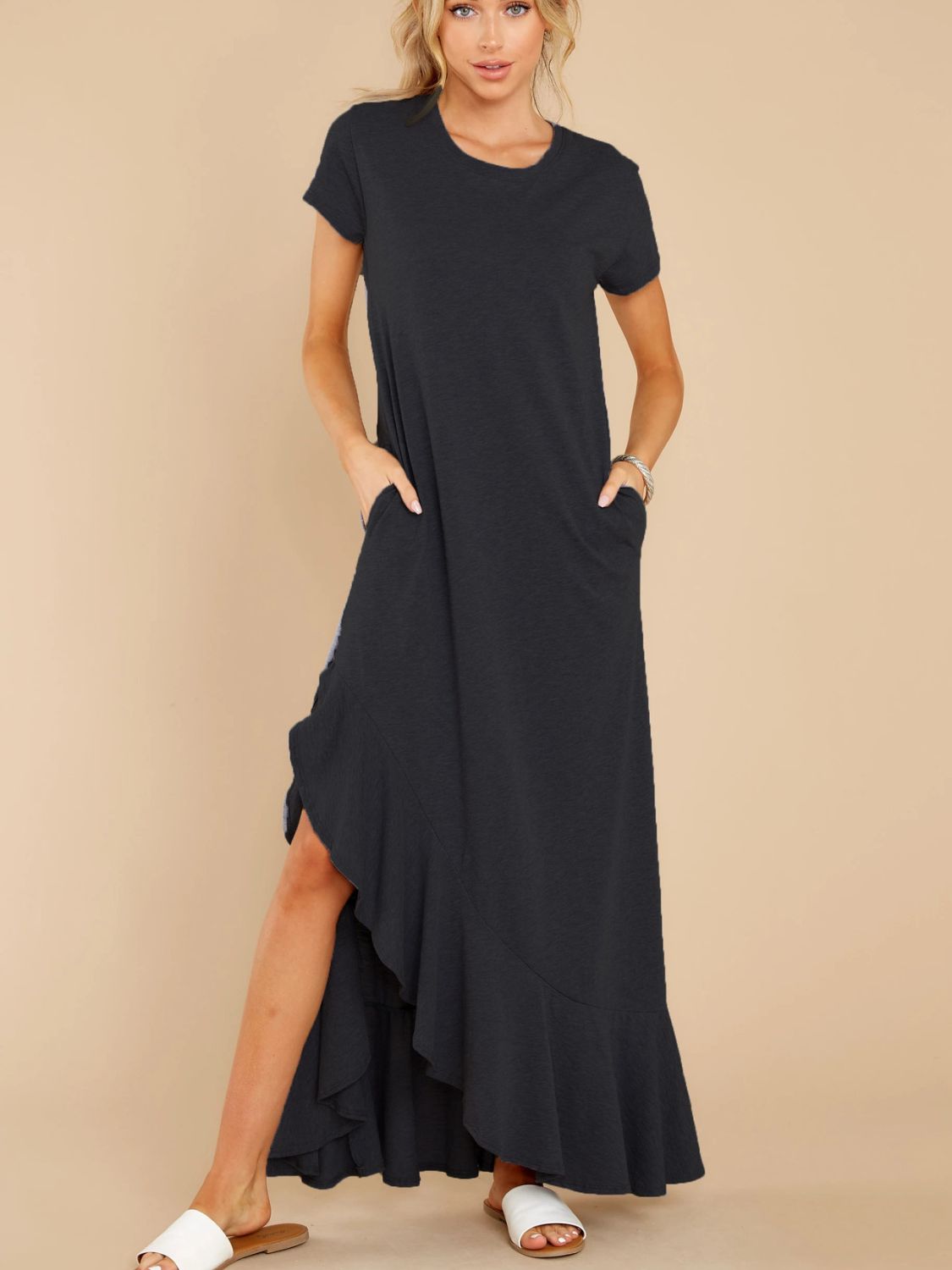 Slit Round Neck Short Sleeve Maxi Dress