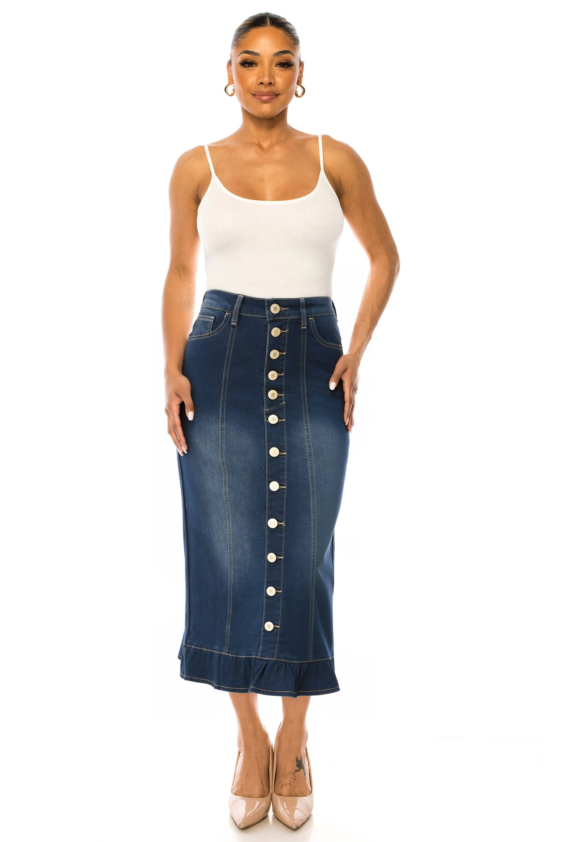BeGirl Button Front Denim Long Skirt Dk Indigo Wash seated view