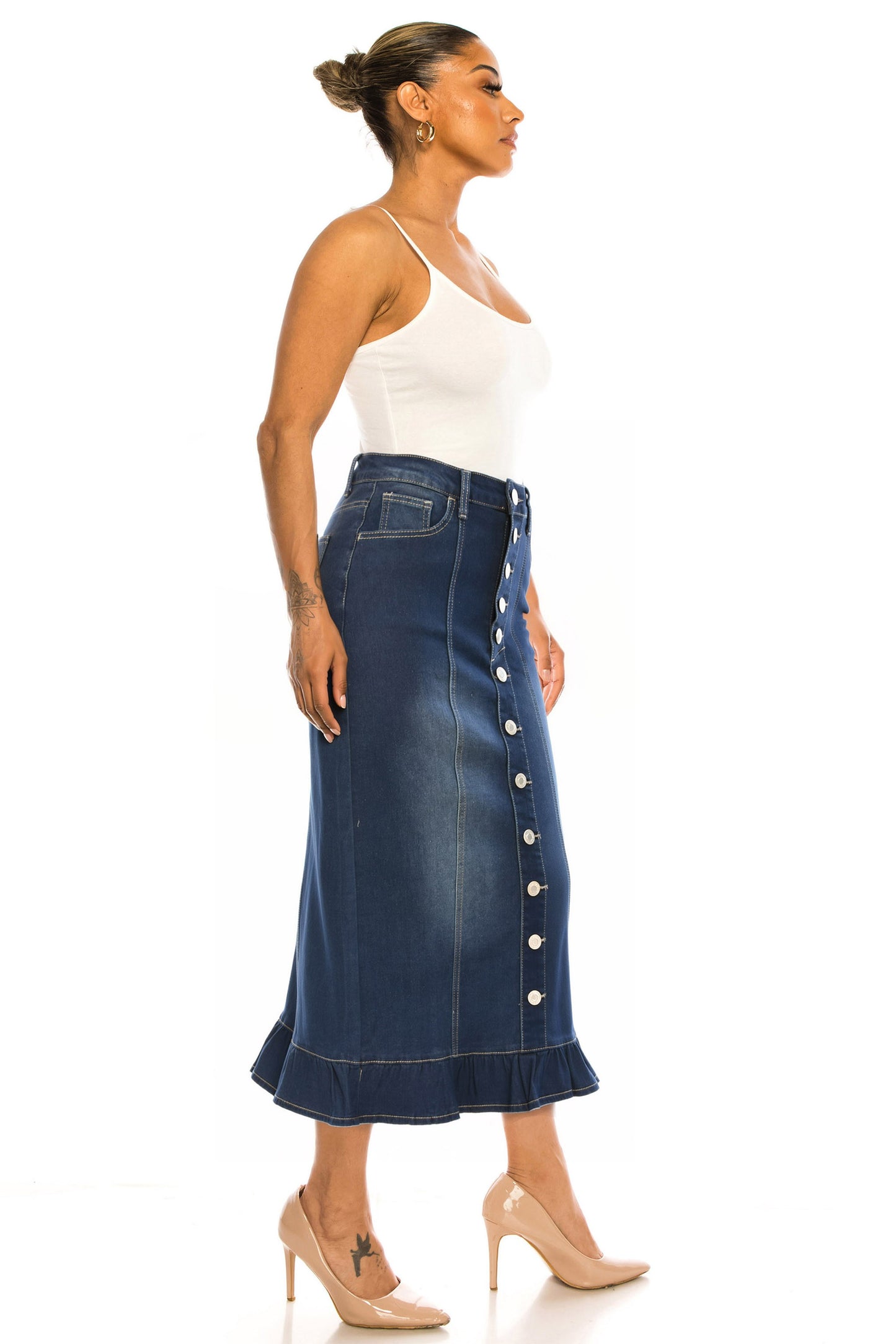 BeGirl Button Front Denim Long Skirt Dk Indigo Wash back view