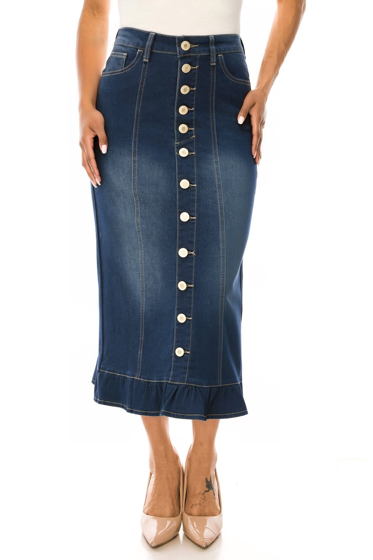 BeGirl Button Front Denim Long Skirt Dk Indigo Wash styled look 3