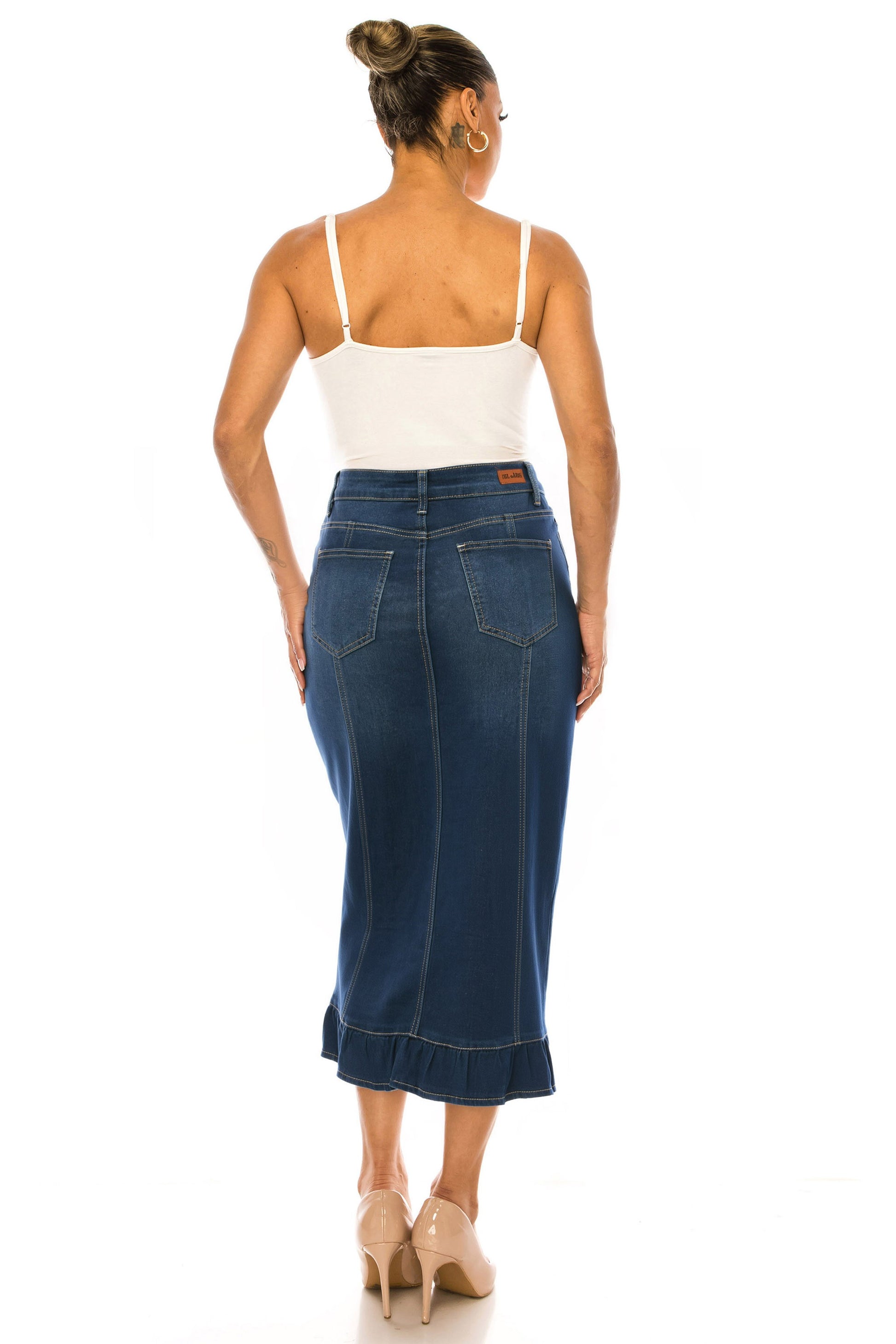 BeGirl Button Front Denim Long Skirt Dk Indigo Wash doorway view