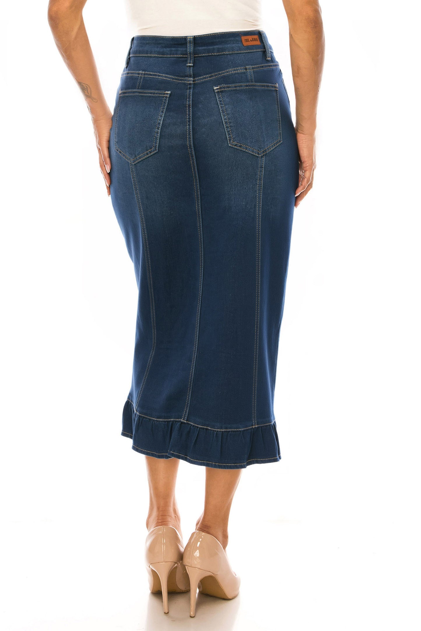 BeGirl Button Front Denim Long Skirt Dk Indigo Wash front view
