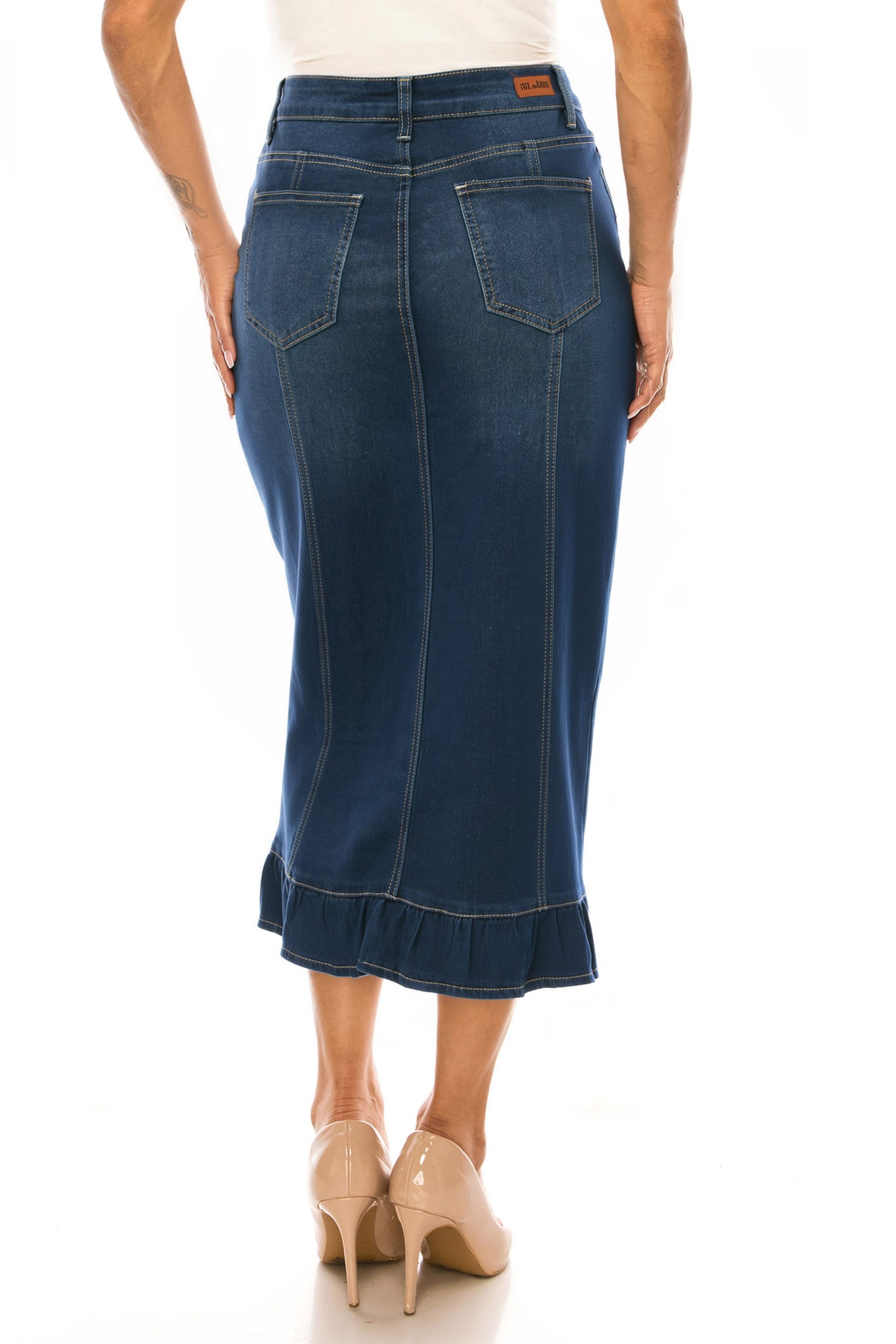 BeGirl Button Front Denim Long Skirt Dk Indigo Wash front view