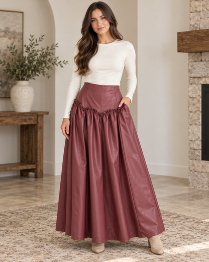 HEYSON Muted Wine Faux Leather Drop-Waist Maxi Skirt lifestyle view 1