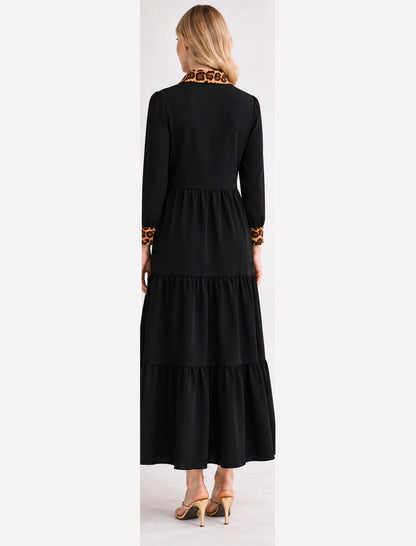 Modest tiered maxi dress with leopard details