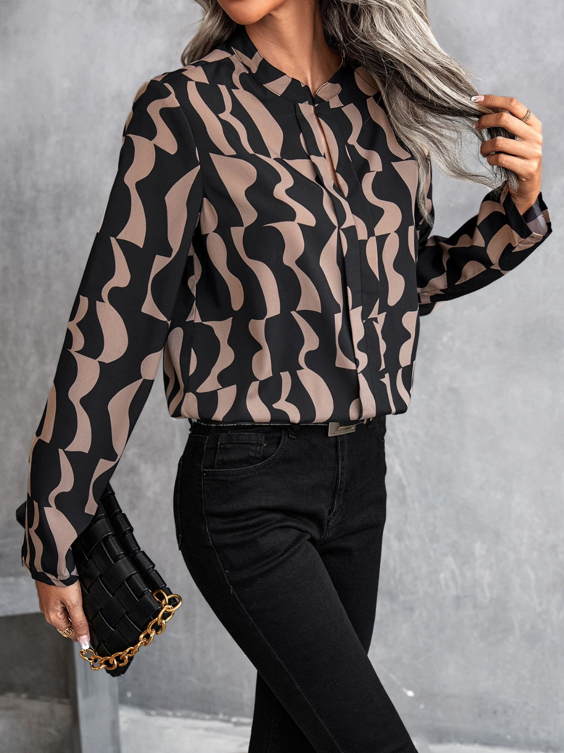 Printed Notched Long Sleeve Blouse