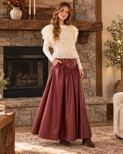 HEYSON Muted Wine Faux Leather Drop-Waist Maxi Skirt lifestyle view 2