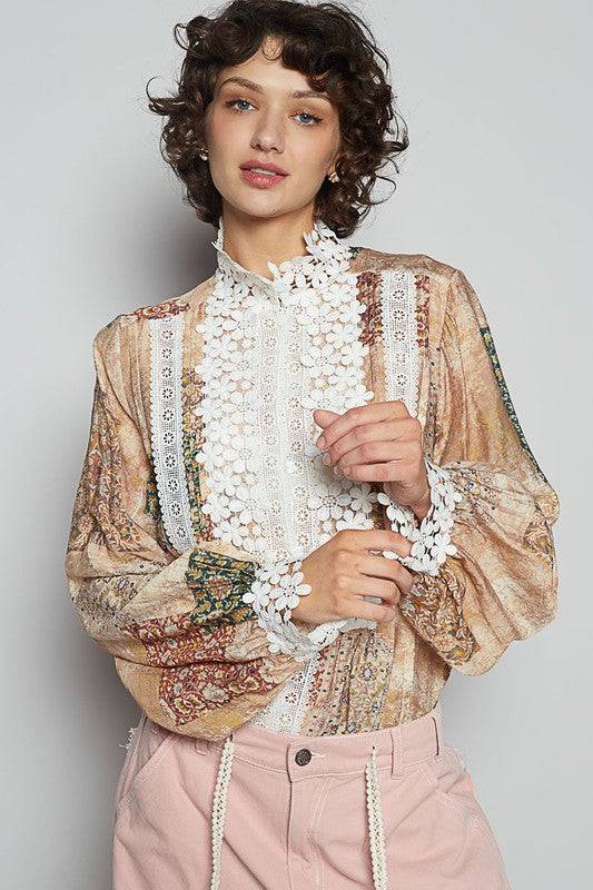 POL Lace Detail Printed Button Down Shirt