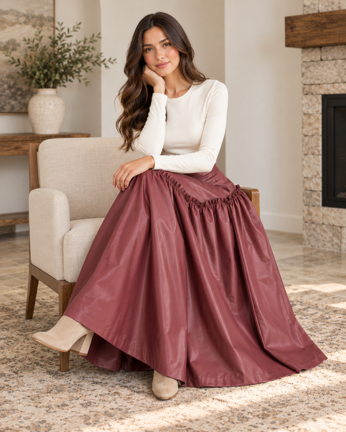 HEYSON Muted Wine Faux Leather Drop-Waist Maxi Skirt lifestyle view 5