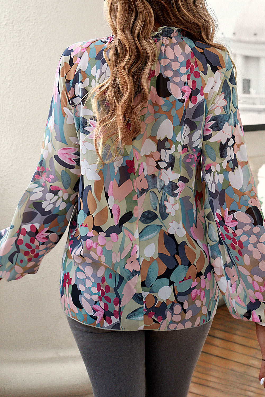 Printed Mock Neck Balloon Sleeve Blouse