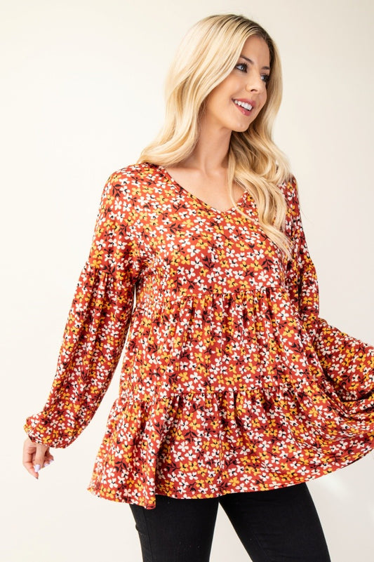 Celeste Full Size Floral V-Neck Balloon Sleeve Blouse