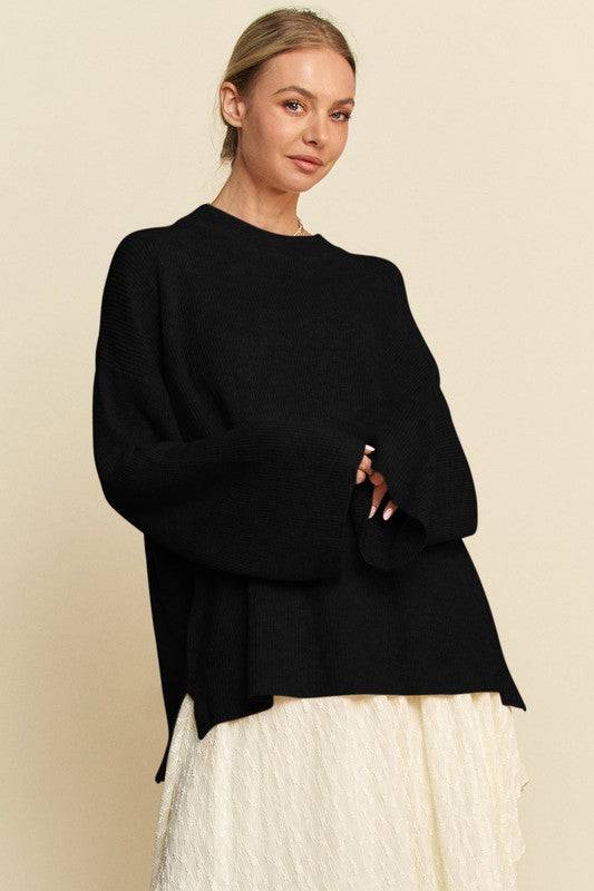 Davi & Dani High-Low Round Neck Drop Shoulder Sweater