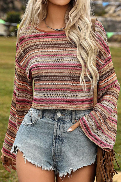 Striped Round Neck Long Sleeve Blouse