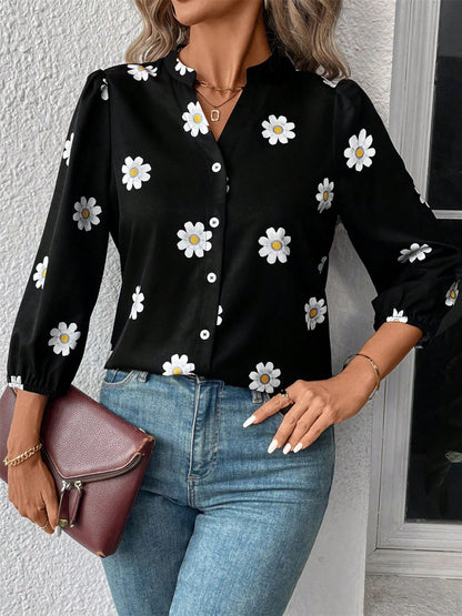 Daisy Notched Three-Quarter Sleeve Shirt