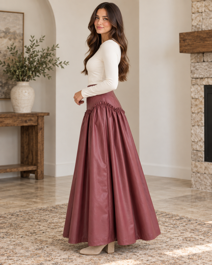 HEYSON Muted Wine Faux Leather Drop-Waist Maxi Skirt lifestyle view 4