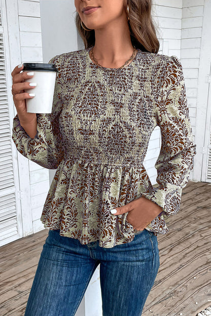 Perfee Smocked Printed Balloon Sleeve Blouse