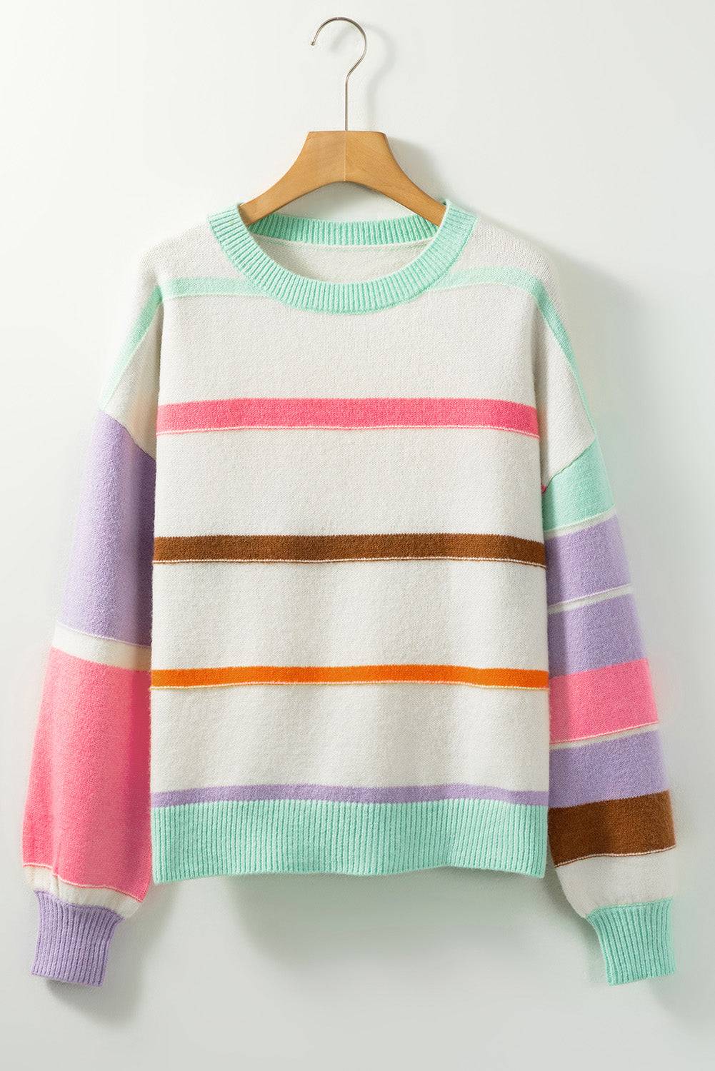 Contrast Striped Round Neck Drop Shoulder Sweater