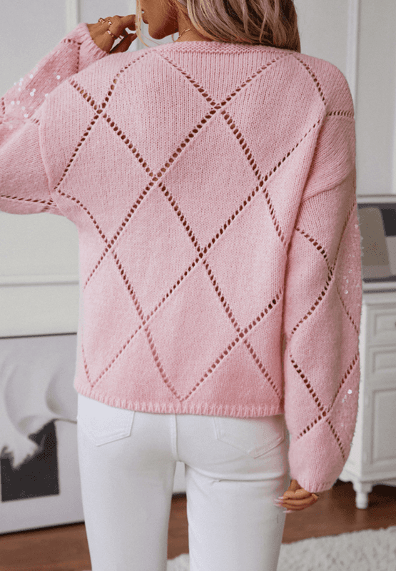 Openwork Sequin Round Neck Long Sleeve Sweater