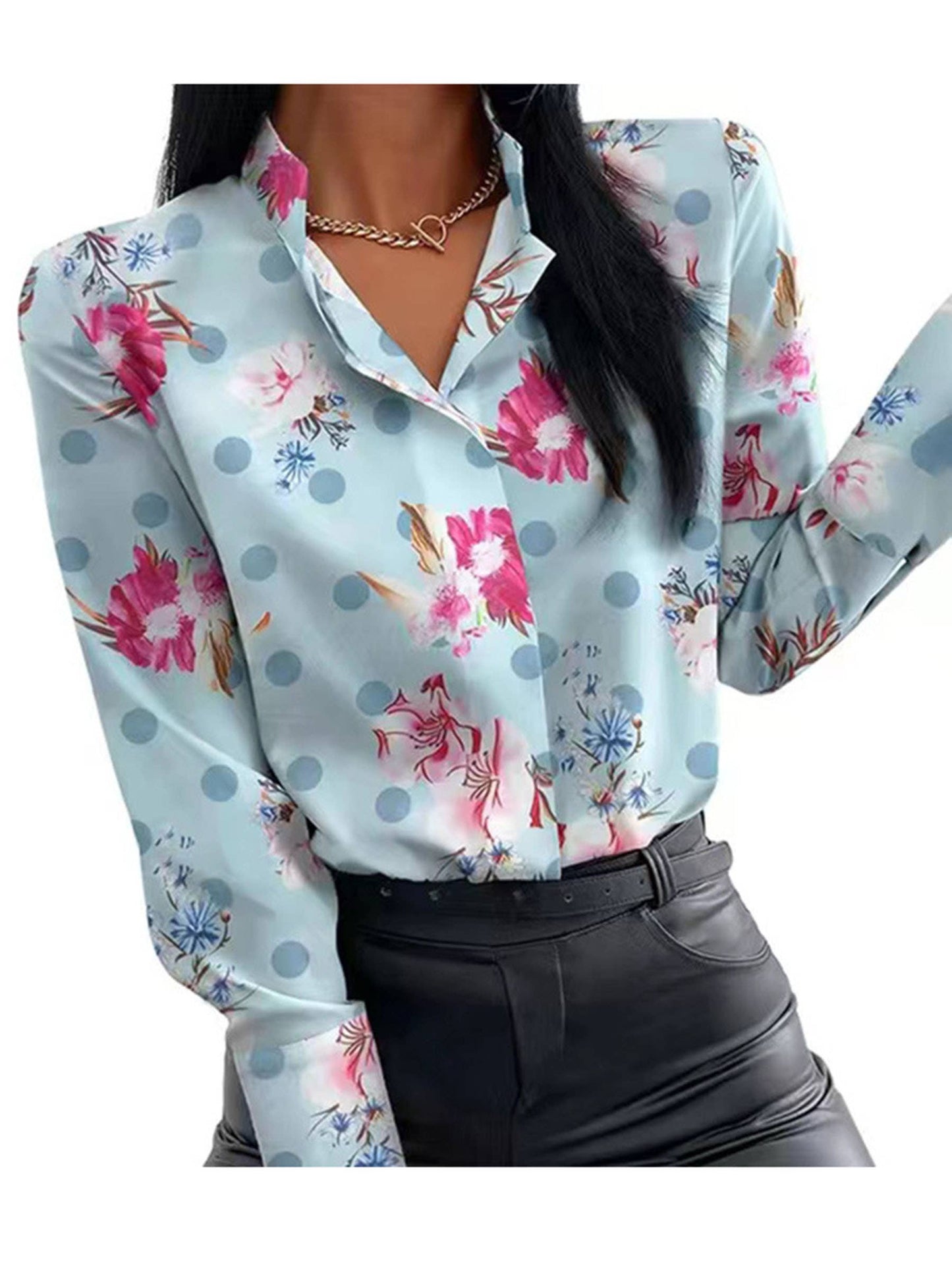 Floral Printed Long Sleeve Casual T Shirt Lapel Button Blous: Navy