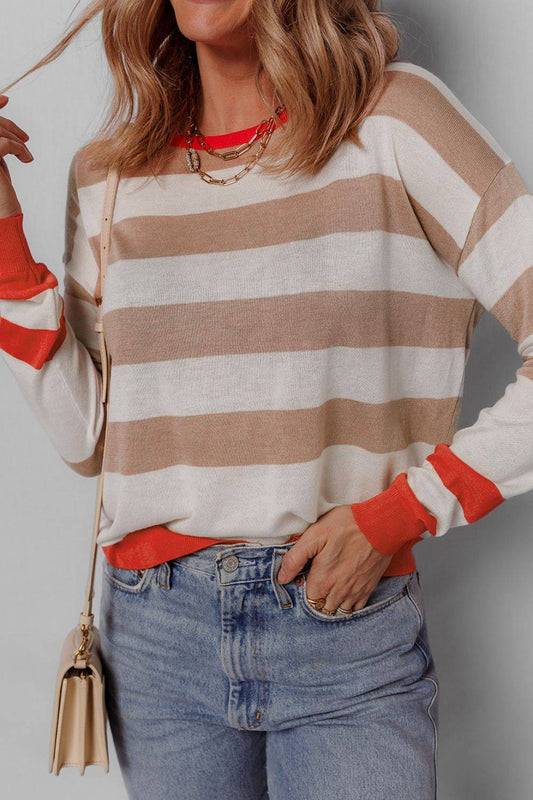 Contrast Striped Round Neck Drop Shoulder Knit Top