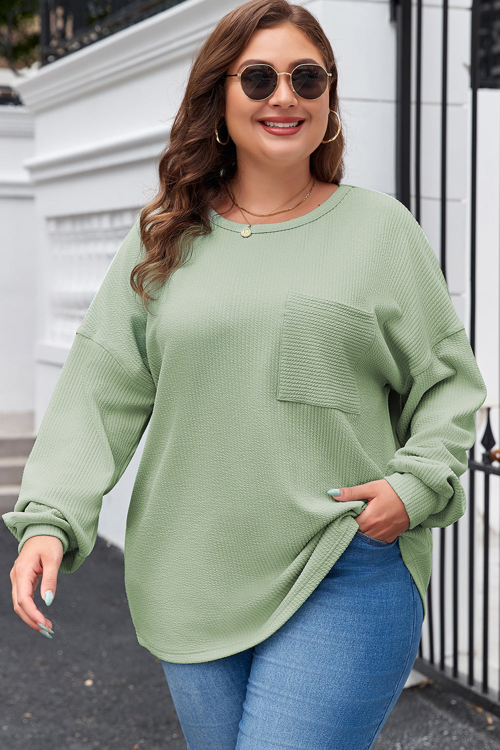 Clearly Aqua Plus Size Corded Knit Pocketed Crew Neck Top