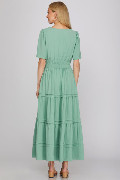 SHE + SKY ST1519 Sage Tiered Pintuck Maxi Dress