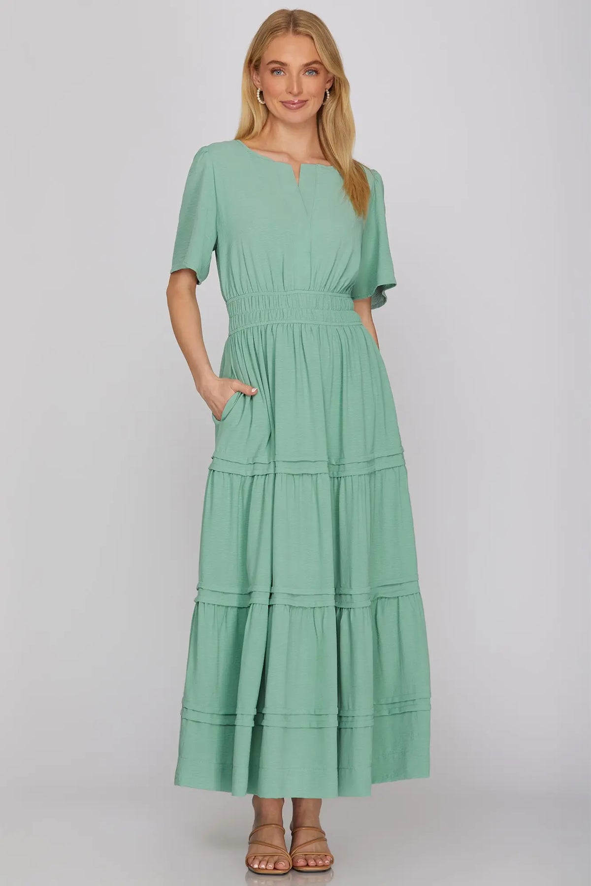 SHE + SKY ST1519 Sage Tiered Pintuck Maxi Dress