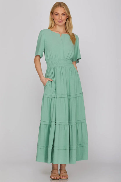 SHE + SKY ST1519 Sage Tiered Pintuck Maxi Dress