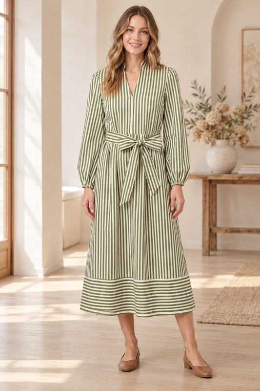 Long Sleeve Striped Midi Shirt Dress with Belt ST2007