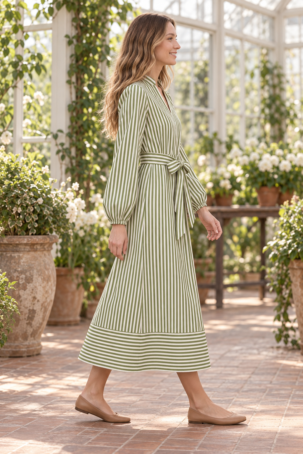 Long Sleeve Striped Midi Shirt Dress with Belt ST2007