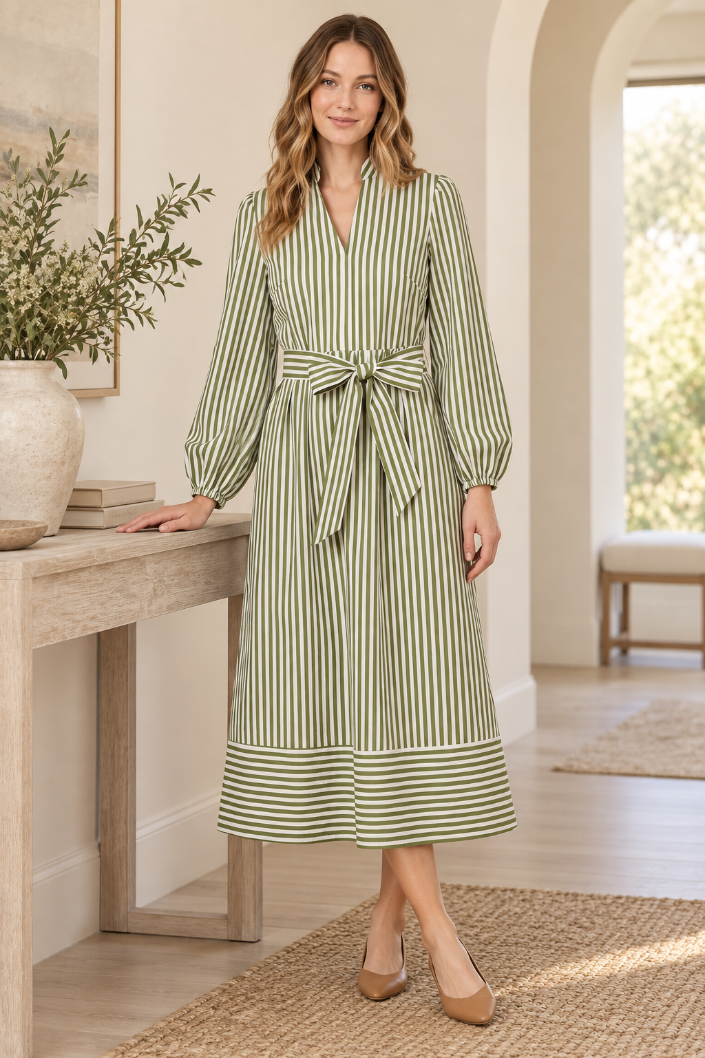 Long Sleeve Striped Midi Shirt Dress with Belt ST2007