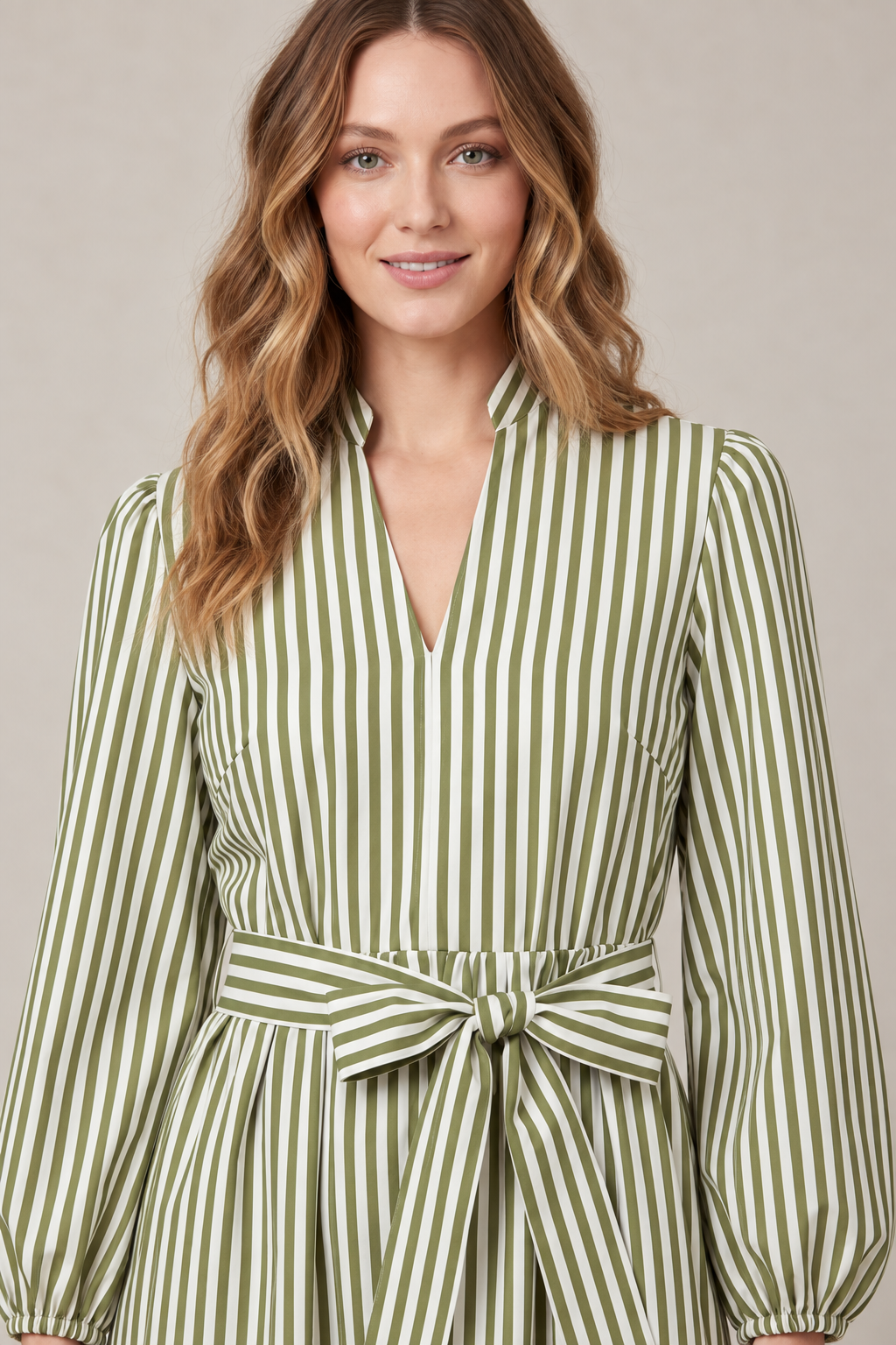 Long Sleeve Striped Midi Shirt Dress with Belt ST2007