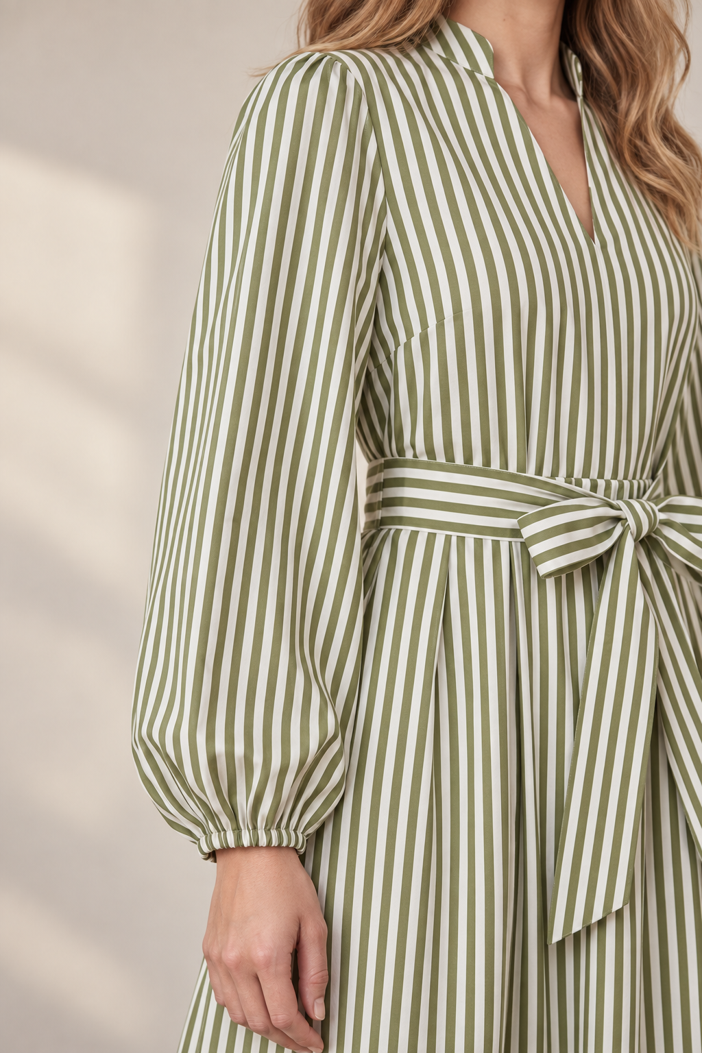 Long Sleeve Striped Midi Shirt Dress with Belt ST2007