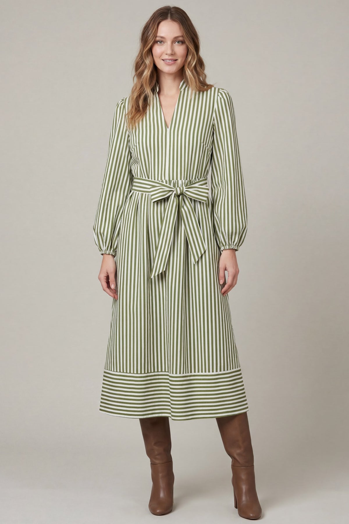 She and Sky ST2007 striped midi dress back view - Mocha