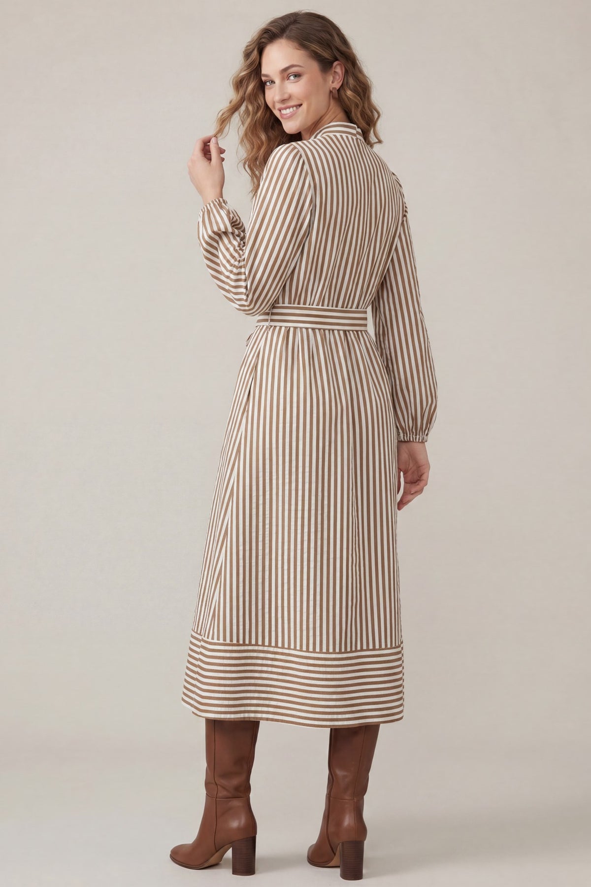 She and Sky ST2007 striped midi dress front view - Olive Green