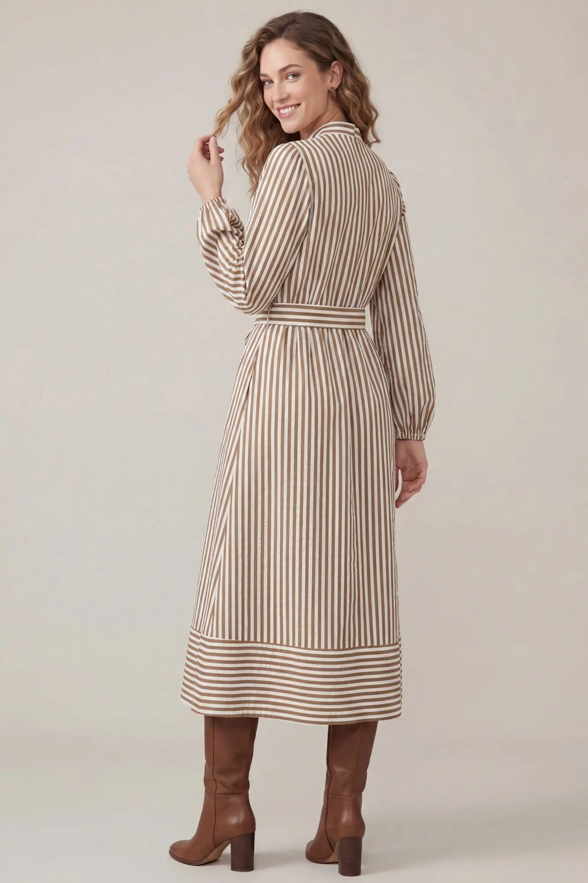 She and Sky ST2007 striped midi dress back view - Olive Green