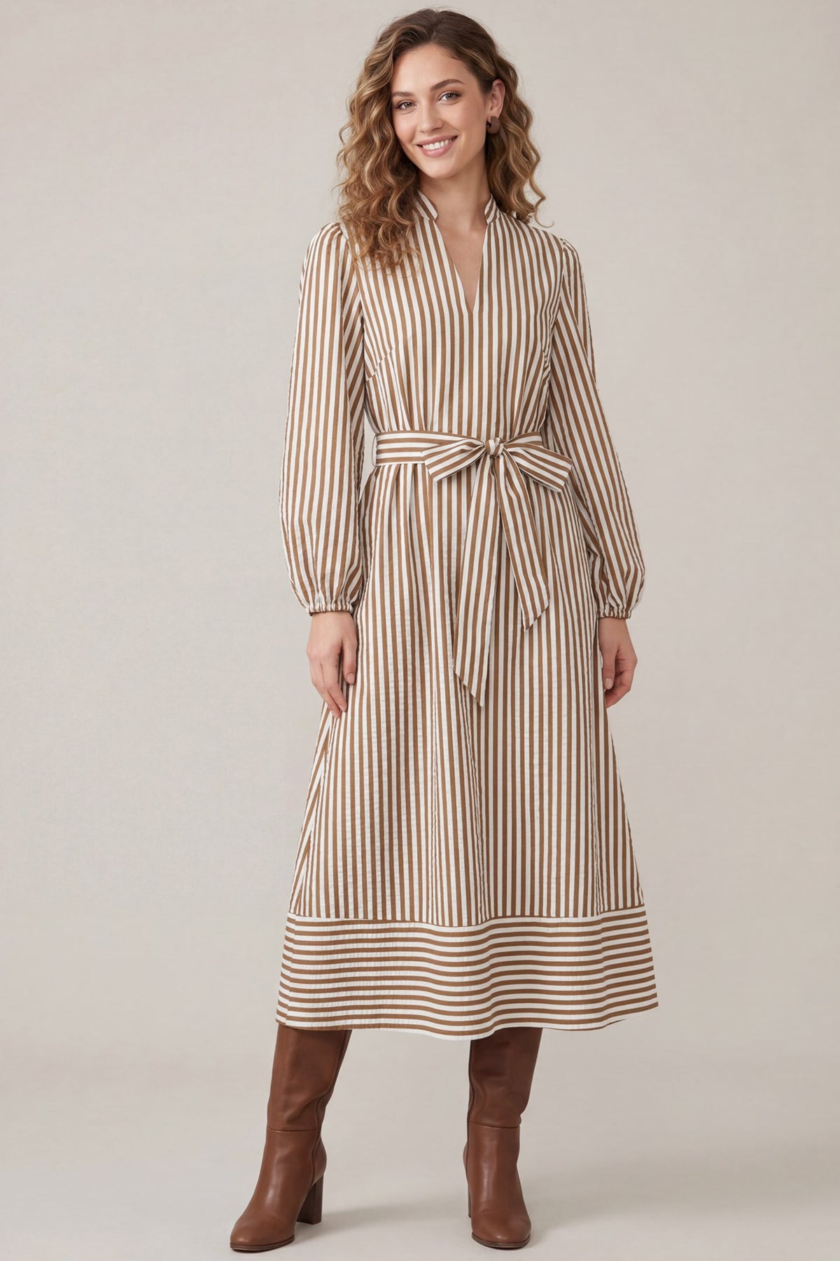 She and Sky ST2007 striped midi dress front view - Mocha