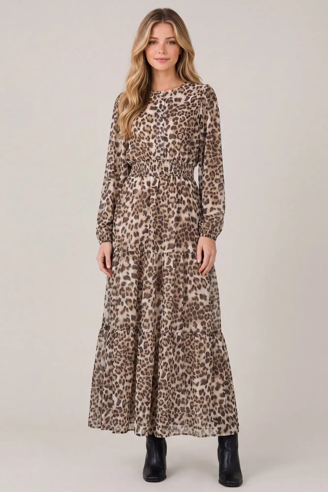 Long sleeve leopard print tiered maxi dress front view - ST2204 Taupe