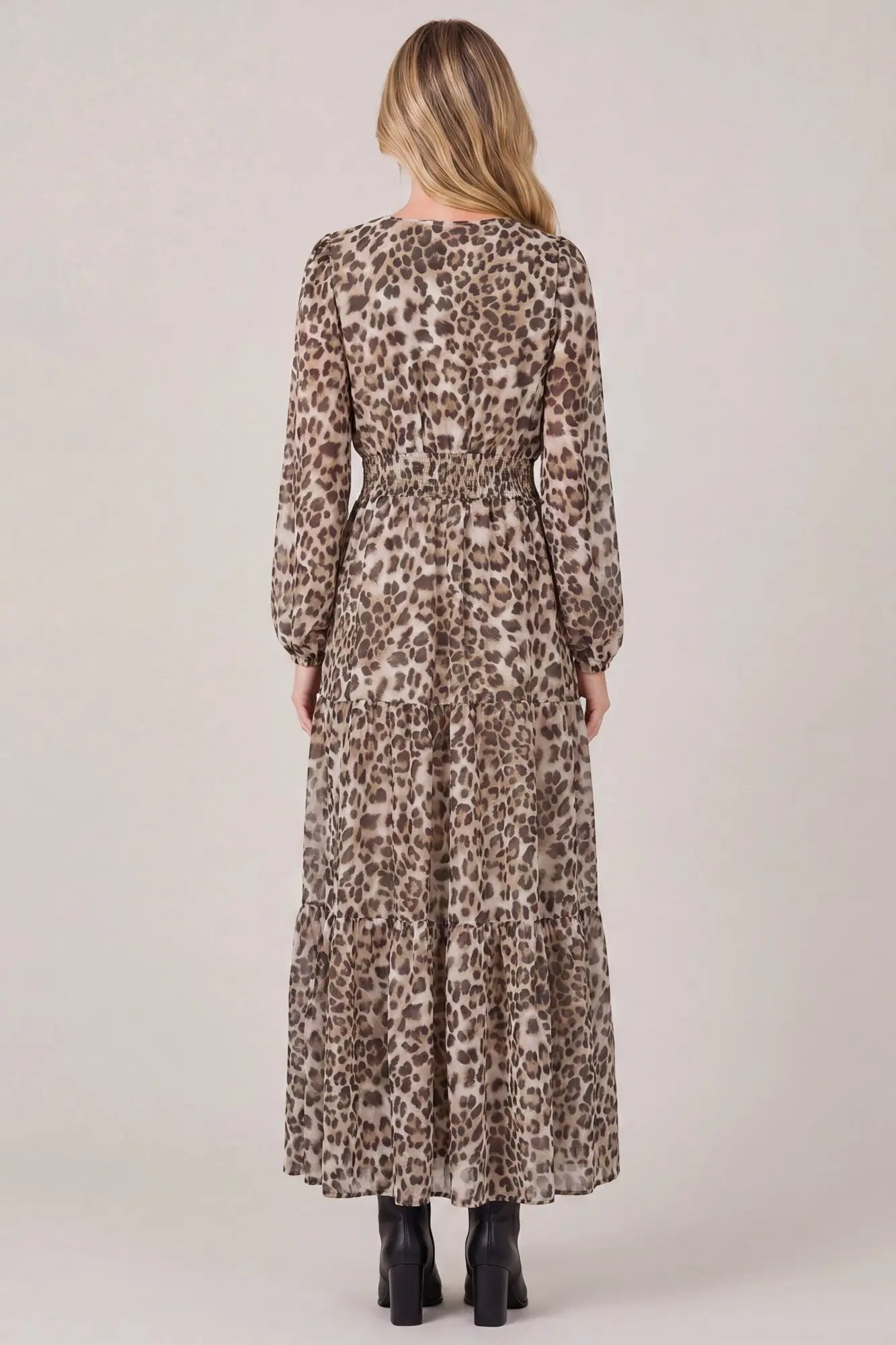 Long sleeve leopard print tiered maxi dress outdoor lifestyle - ST2204 Taupe