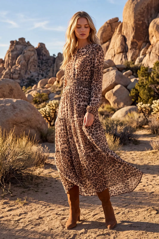 Long sleeve leopard print tiered maxi dress detail view - ST2204 Taupe