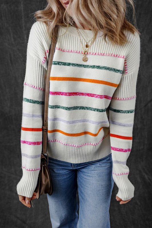 Striped Round Neck Dropped Shoulder Sweater