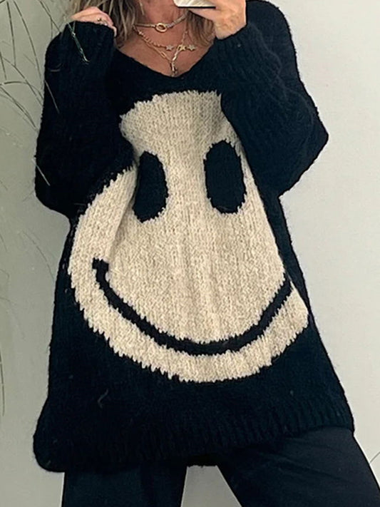 Smiling Face V-Neck Long Sleeve Sweater